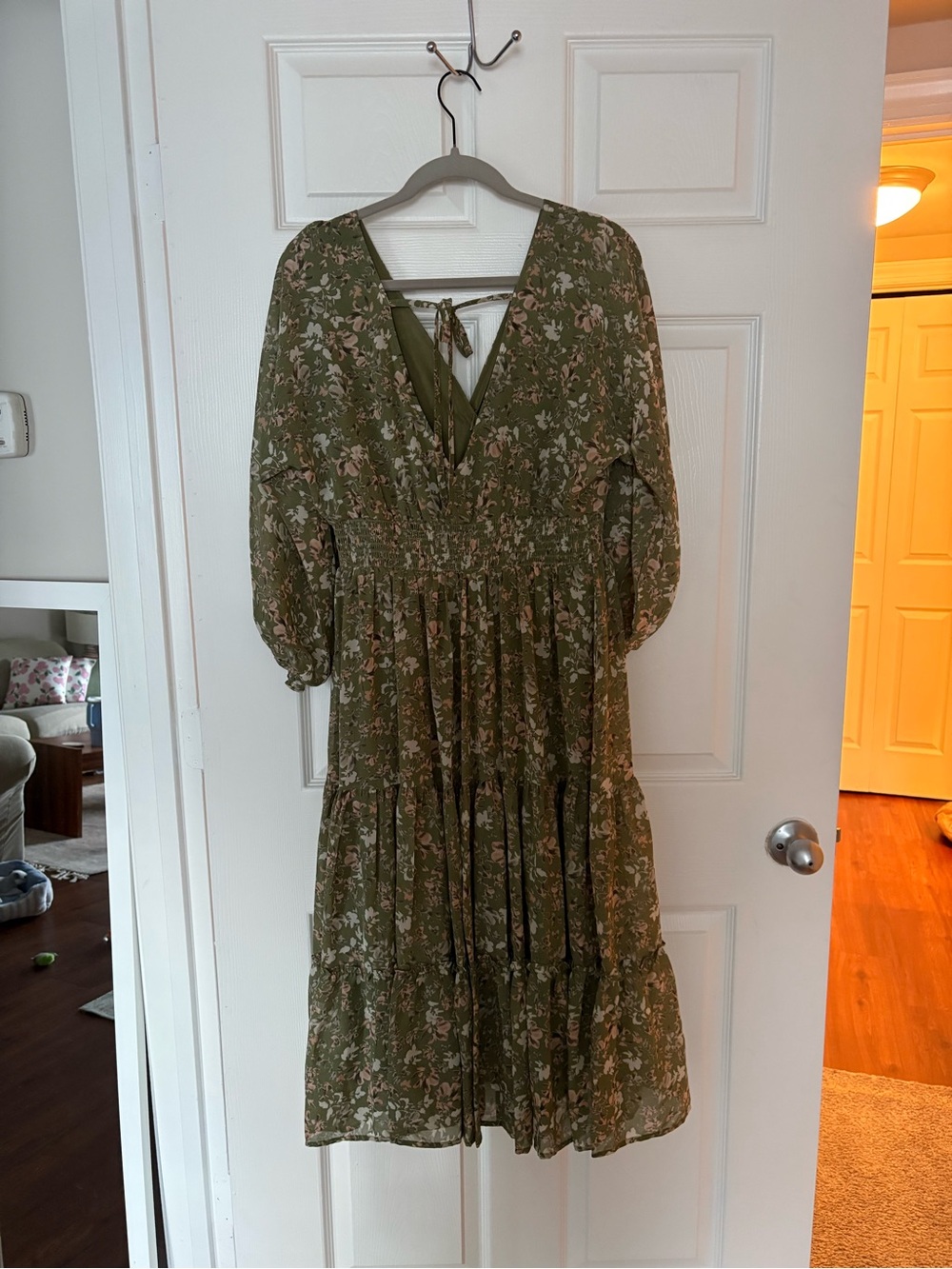 Baltic Born Olive Green Floral V-Neck Tiered Midi Dress - Picture 2 of 3